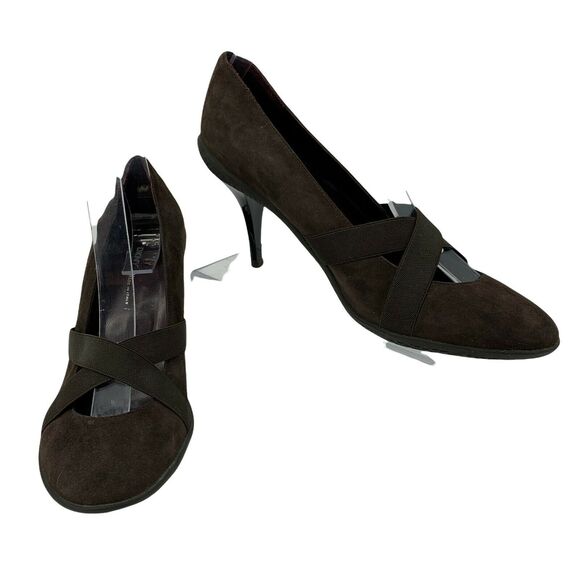 DKNY Mary Jane Pumps Women's Size 7.5 Brown Criss Cross Stretch Suede High Heels - Picture 1 of 10